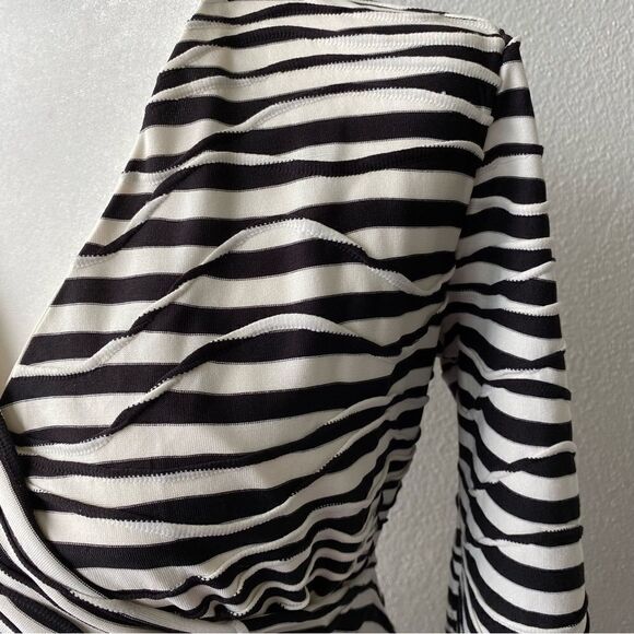 Chico’s Stripe Print Surplice Wrap Neck Black White Sheath Dress - Picture 5 of 15